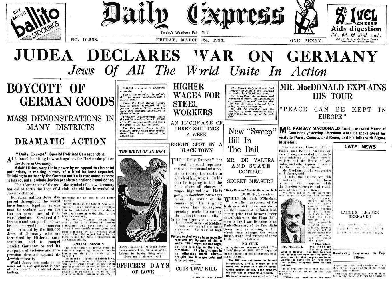 Judea Declares War On Germany,Daily Express, March 24, 1933