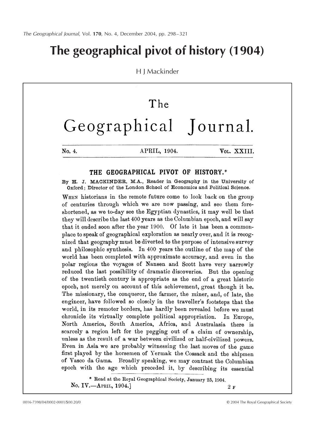 The Geographical Pivot Of History (1904) by Halford J. Mackinder