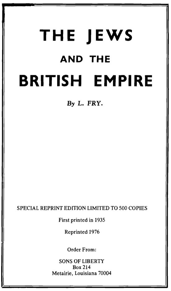 The Jews and the British Empire (1935) by Lesley Fry