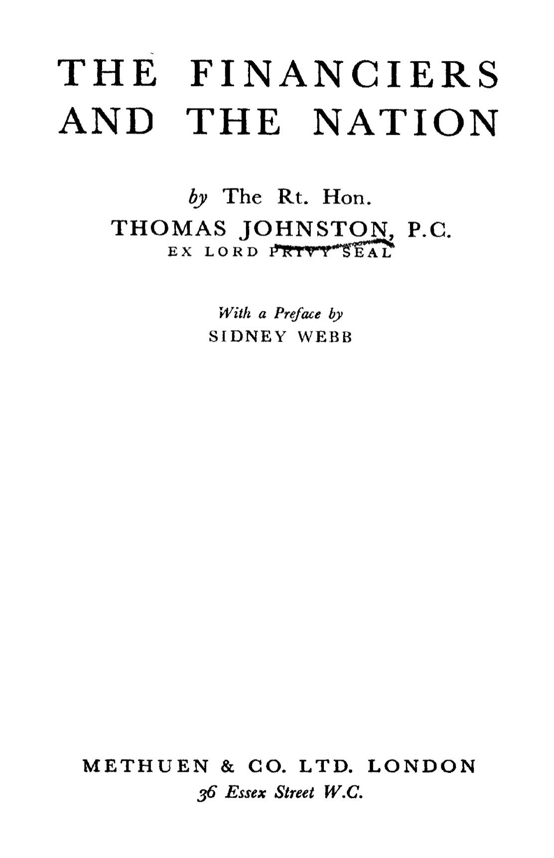 The Financiers And The Nation (1934) by Thomas Johnston & Sidney Webb
