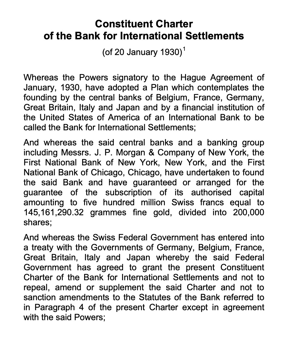 Constituent Charter (1930) by Bank for International Settlements