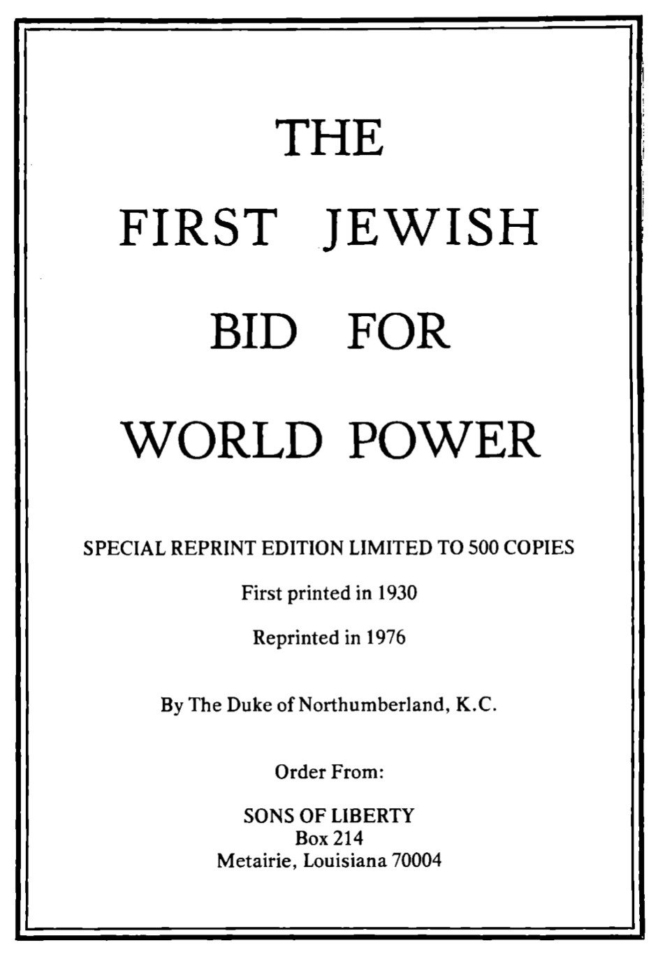 The First Jewish Bid For World Power (1930) by NORTHUMBERLAND, 8th Duke of (Alan Ian Percy)