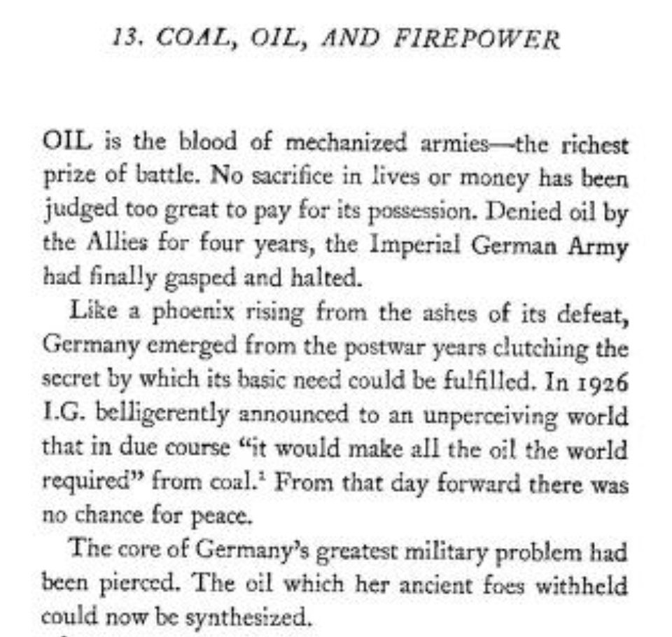 "The oil which her ancient foes held could now be synthesized [from coal]."
